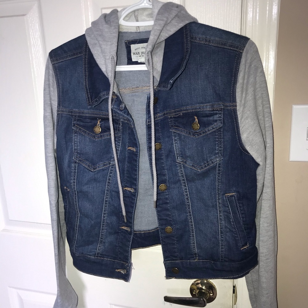 Jean jacket with Grey sweater sleeves and hood